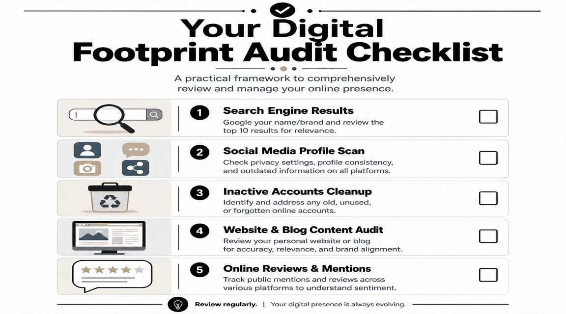 A digital footprint audit checklist infographic with five steps to manage and review online presence.