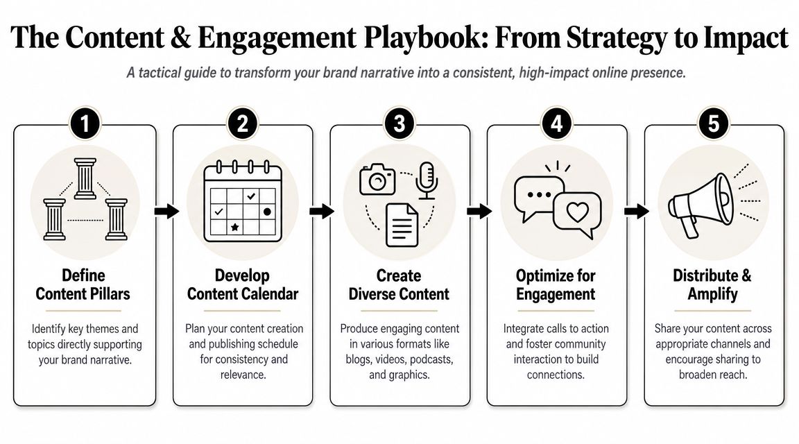 A five-step infographic showing a strategic process to transform brand narrative into a consistent online presence.
