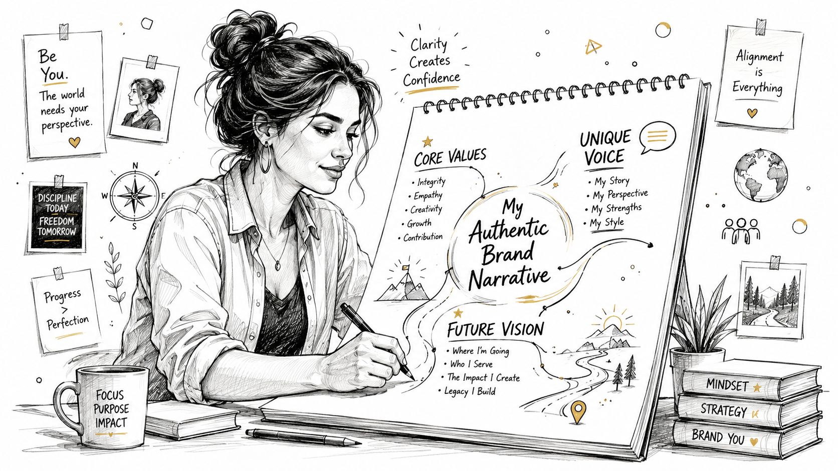 A woman sketching a diagram titled My Authentic Brand Narrative on a large notepad at her desk.