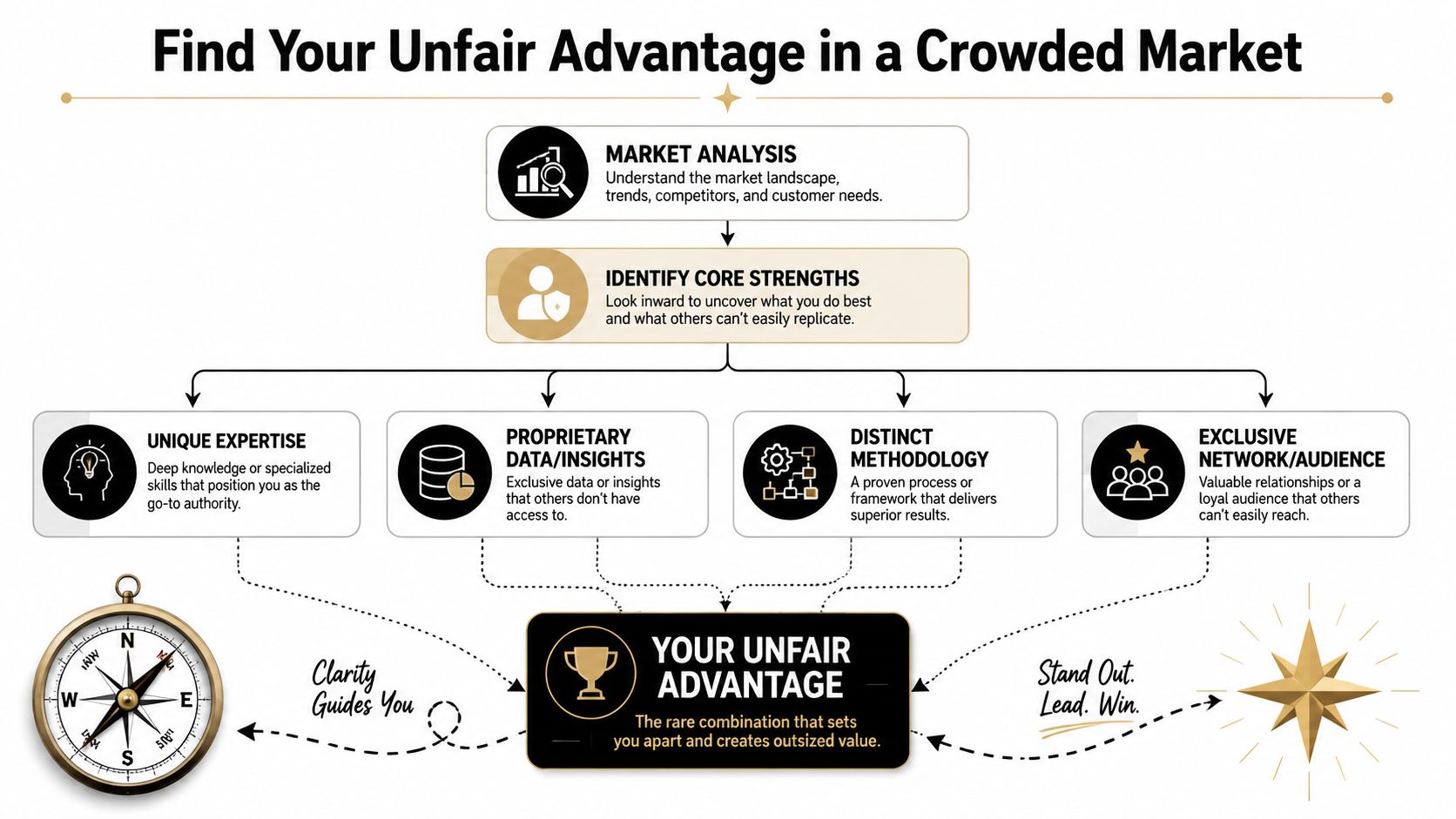 A strategic flowchart showing how to build an unfair advantage through market analysis and core strengths.