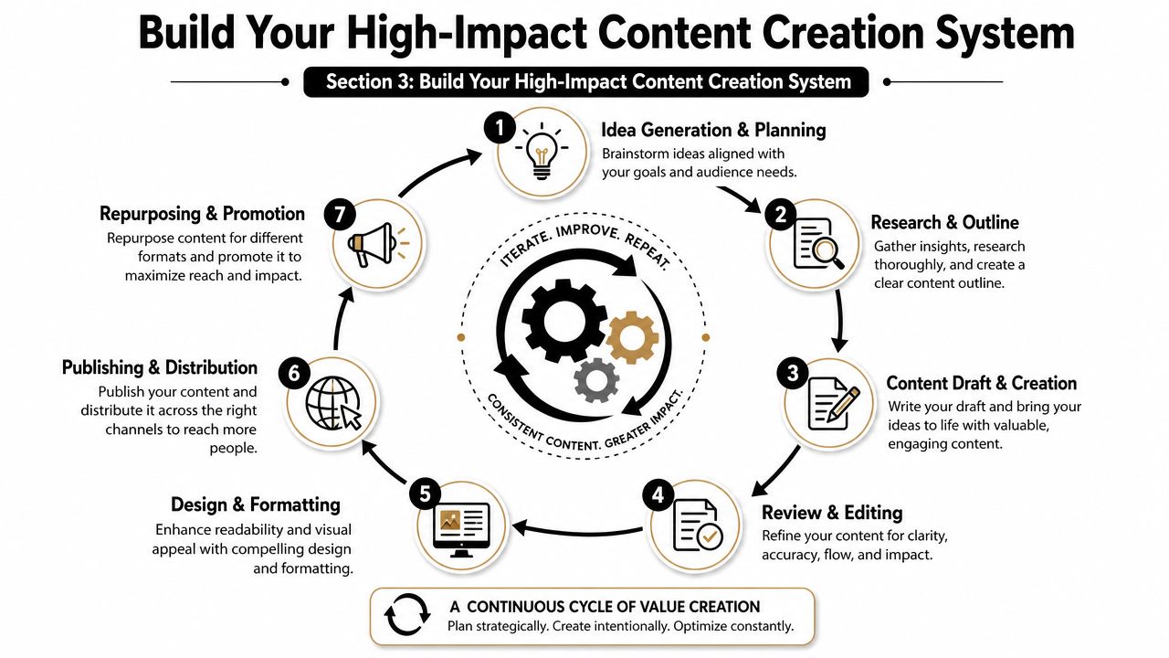 A circular seven-step diagram illustrating a comprehensive strategy for building a high-impact content creation system.