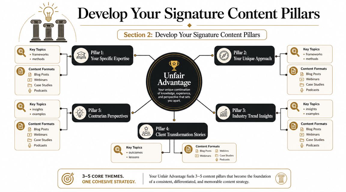 A diagram illustrating a strategic framework for developing five unique content pillars to establish brand authority.