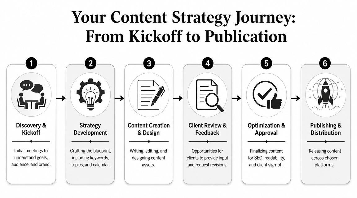 A six-step infographic detailing the professional content strategy journey from initial project kickoff to final publication.