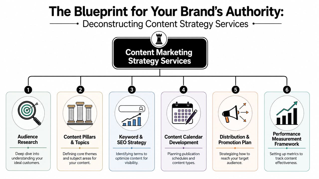 An infographic diagram outlining the six key steps of professional content marketing strategy services for brands.