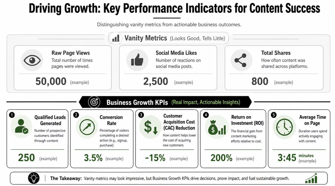 An infographic comparing vanity metrics like page views against actionable business growth KPIs for content marketing strategy.