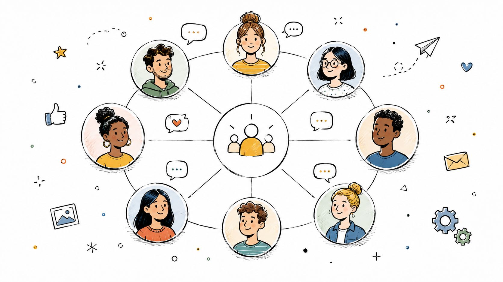 A hand-drawn illustration showing a central group icon connected to seven diverse people in circular portraits.