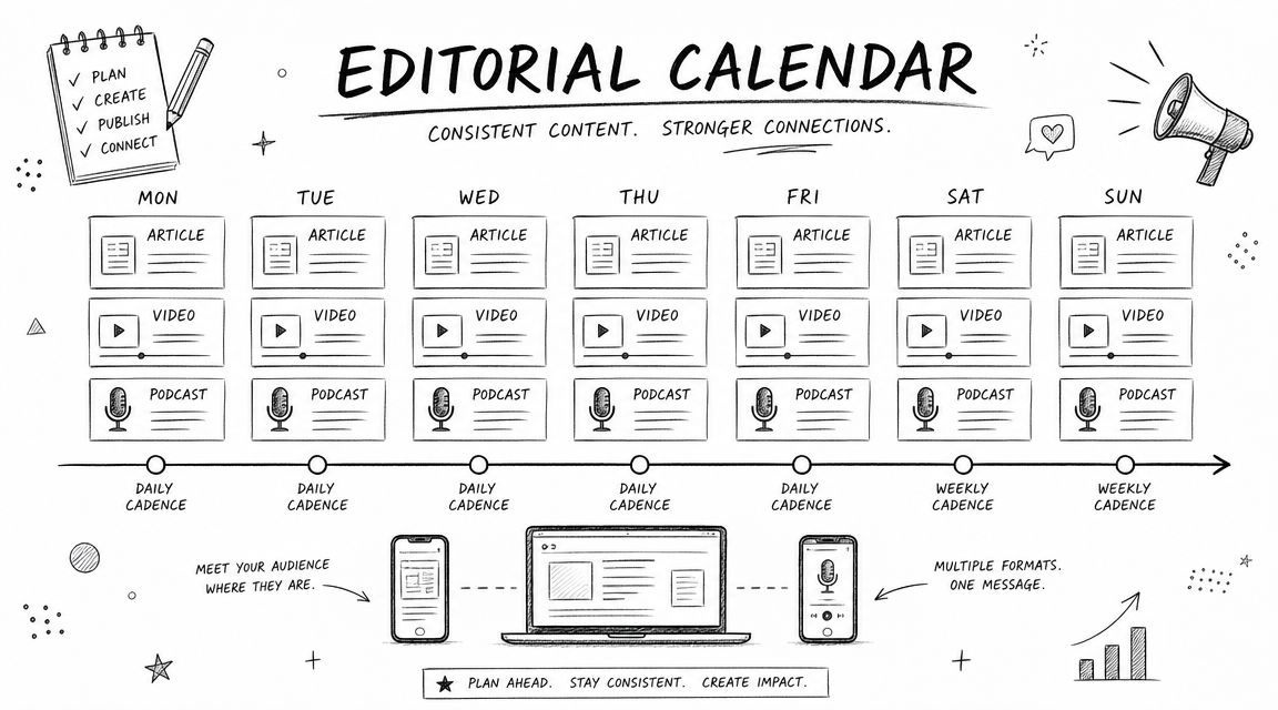 A hand-drawn editorial calendar showing a daily content strategy with articles, videos, and podcasts for each day.