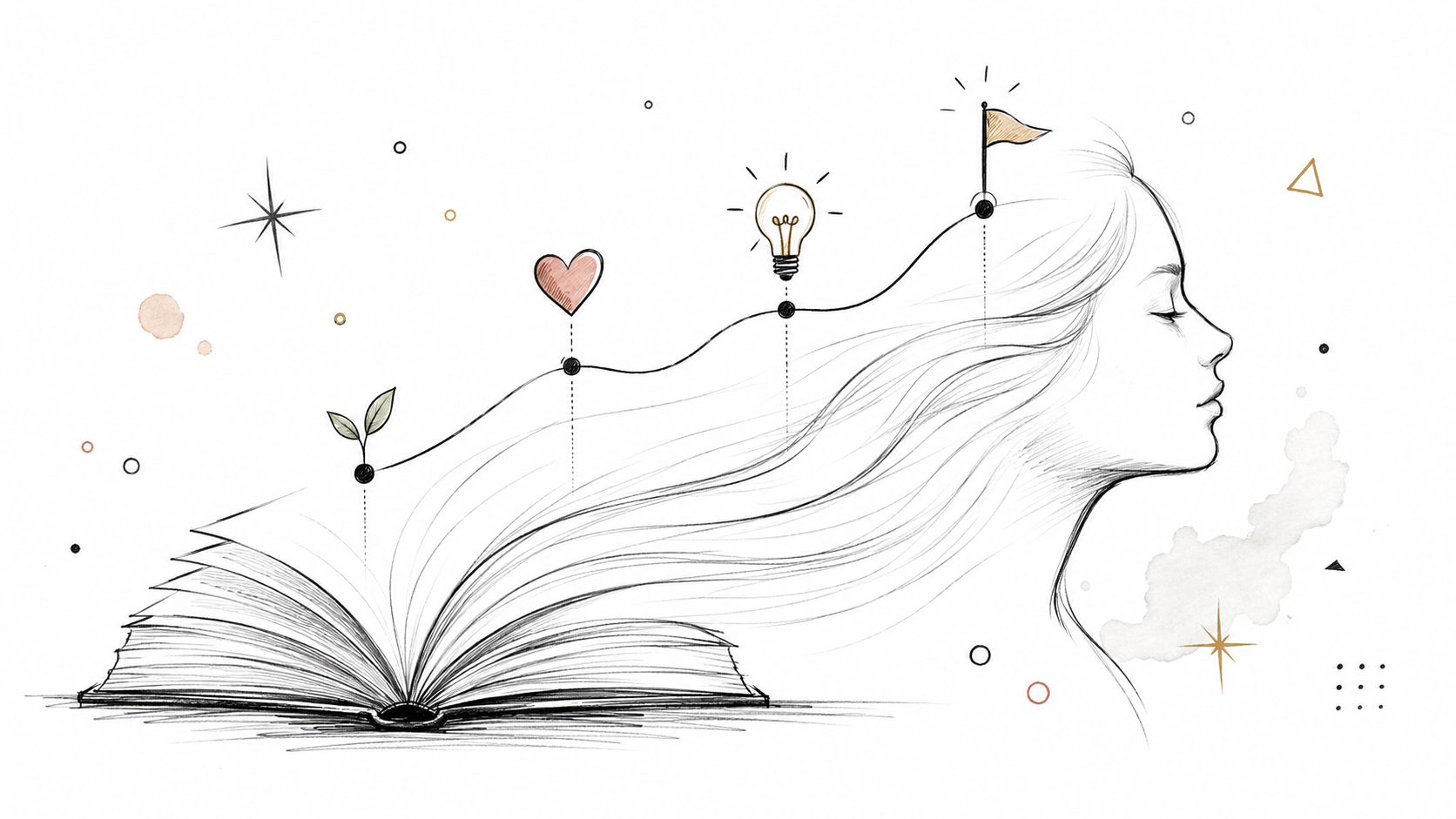 A hand-drawn illustration featuring an open book transforming into the flowing hair of a peaceful woman.