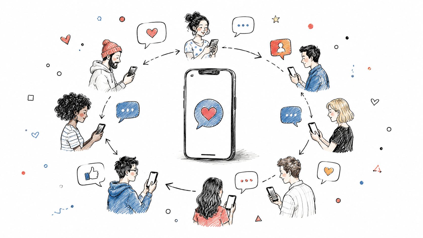 A digital illustration showing diverse people connected through a central smartphone icon with social media icons.