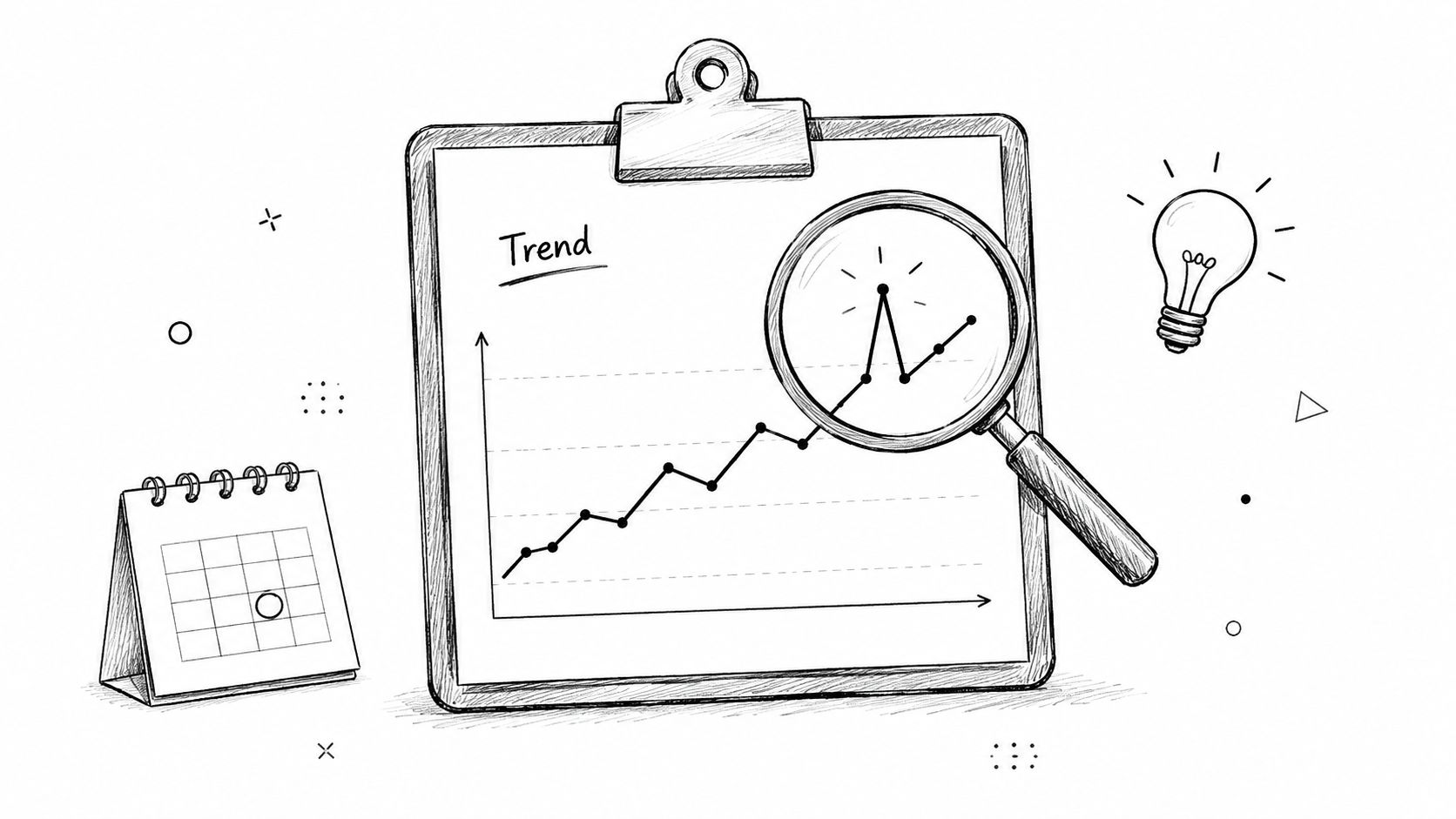 A hand-drawn sketch of a clipboard showing a rising trend graph under a magnifying glass.