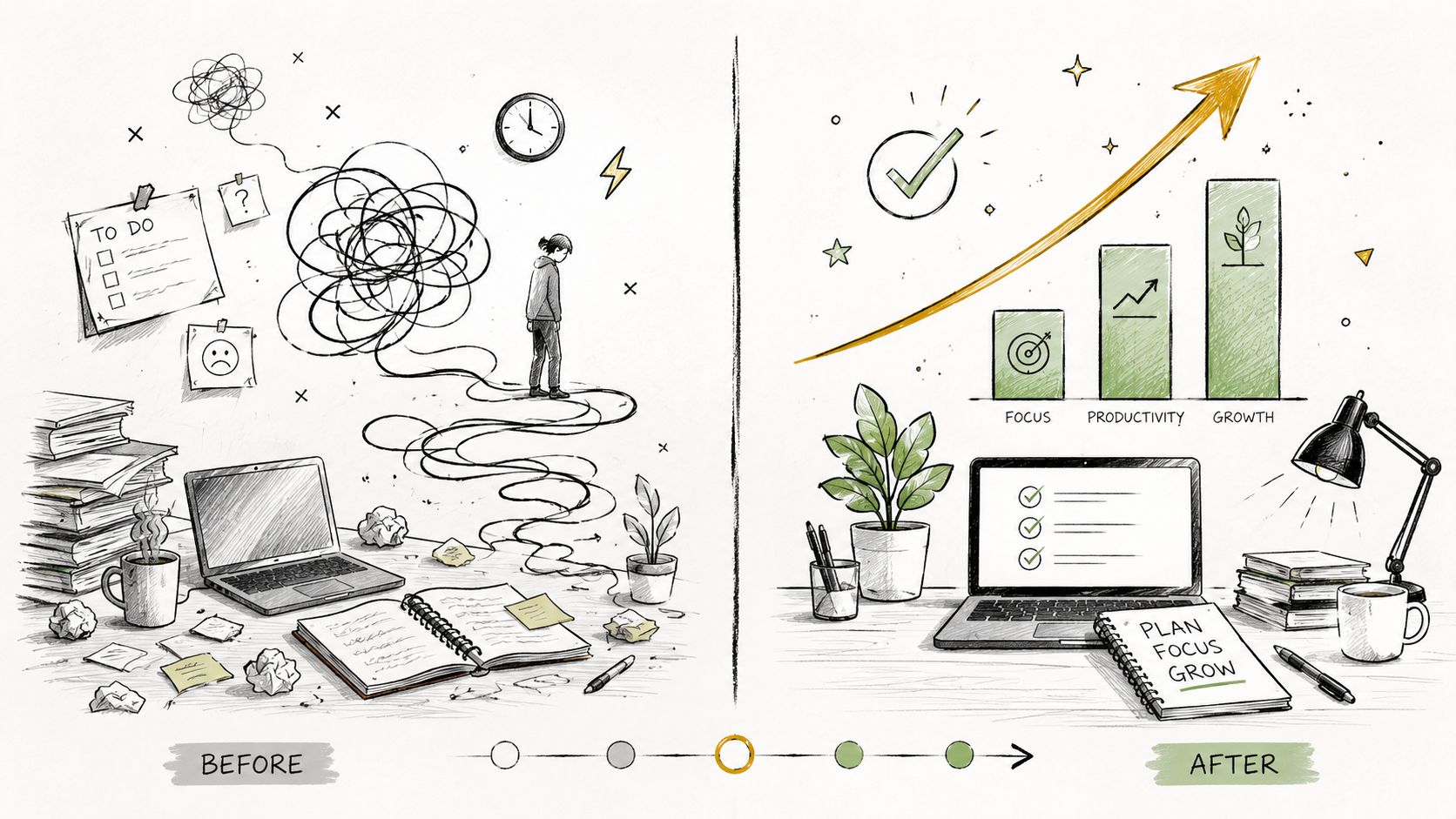 A split illustration comparing a cluttered, disorganized workspace with a clean, productive, and organized professional desk setup.