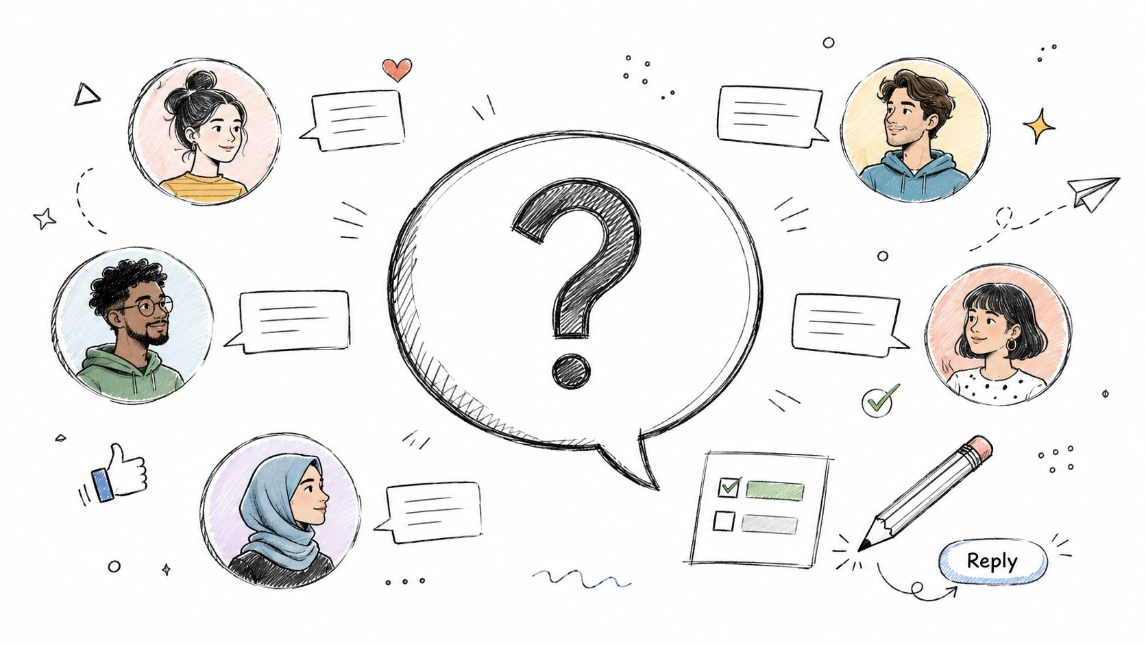 A hand-drawn illustration featuring diverse people communicating around a large central speech bubble containing a question mark.