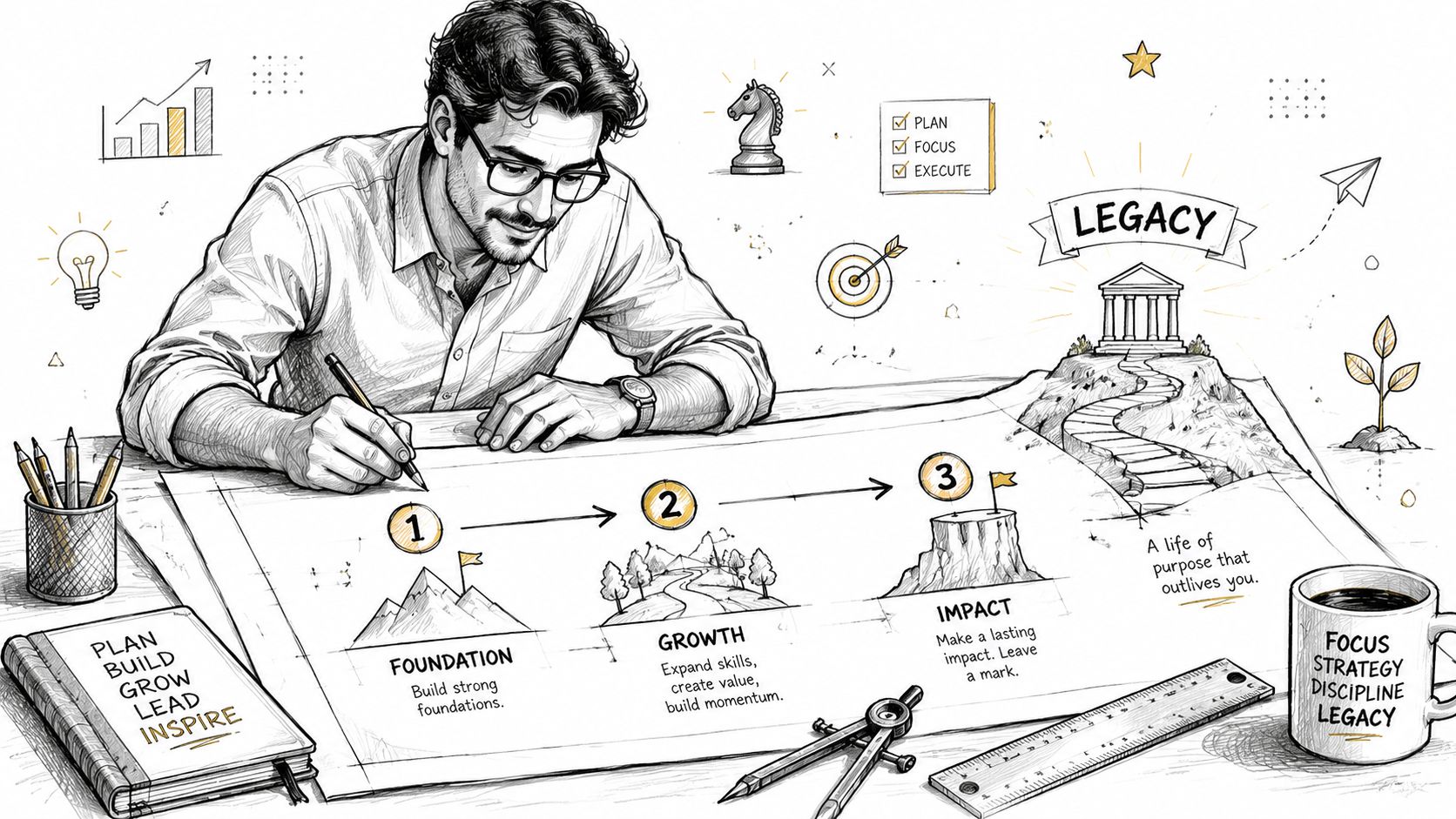 A professional man drawing a roadmap for personal branding and success on a large drafting table.