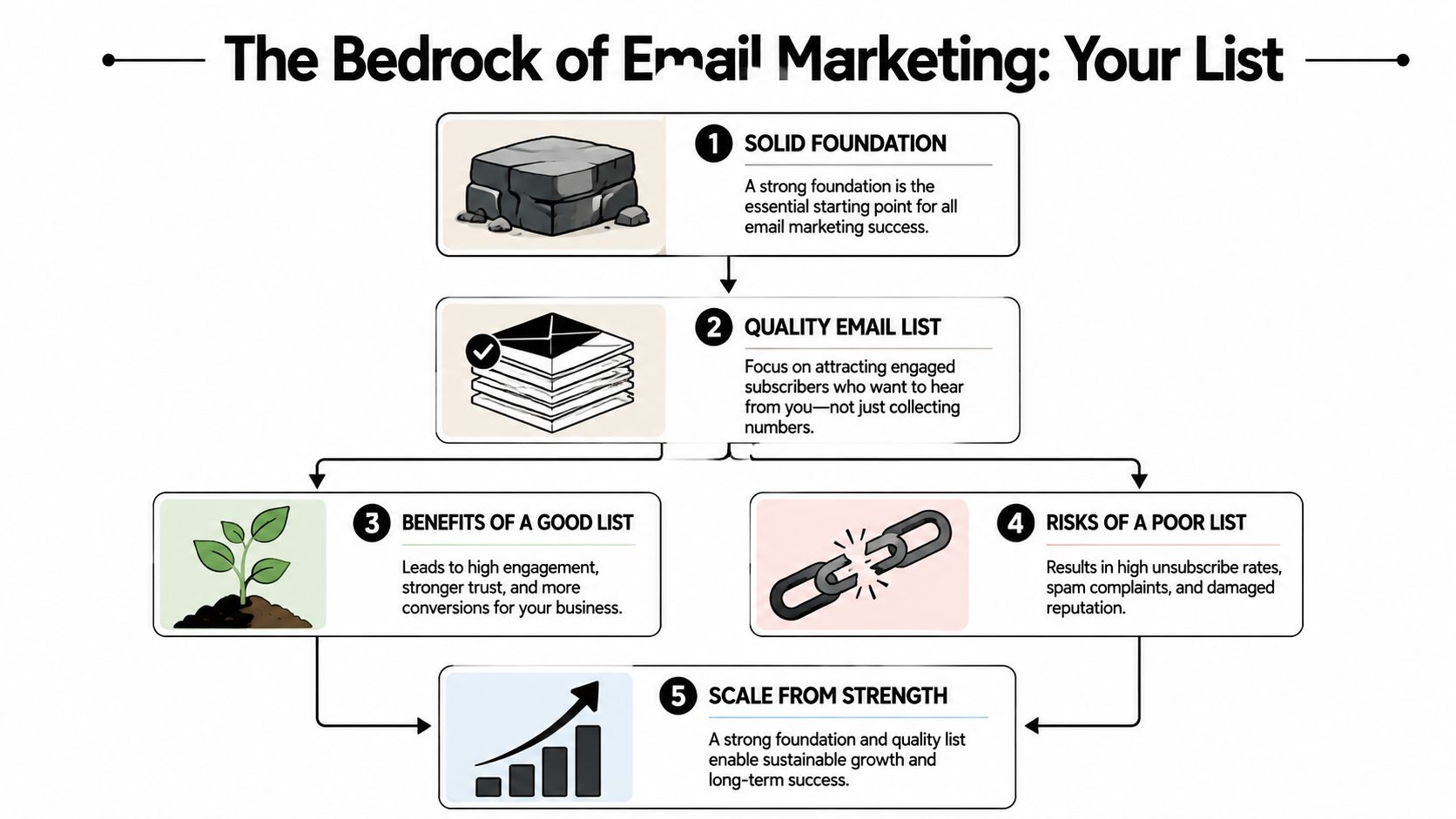 An infographic titled The Bedrock of Email Marketing showing steps from building a list to scaling success.