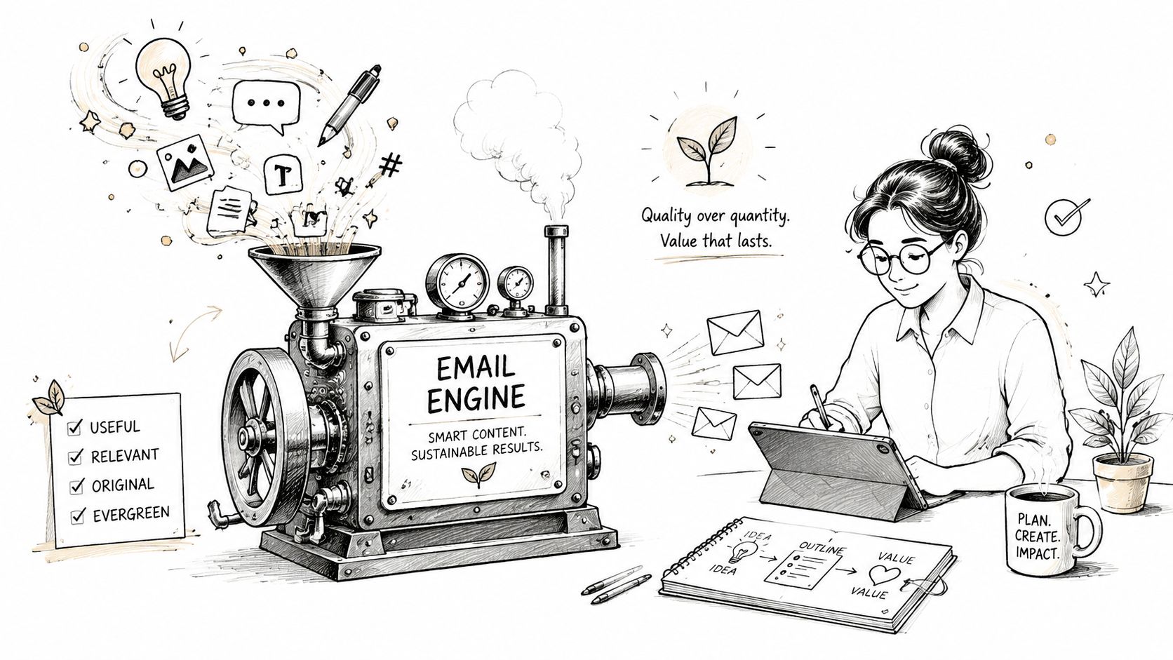 A woman sketching at her desk beside an email engine machine illustrating content marketing and email automation.