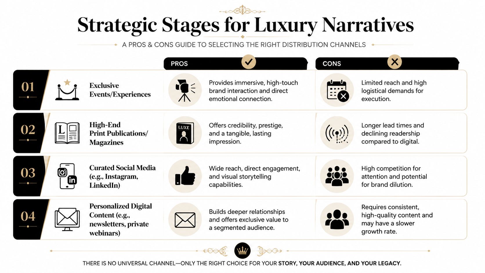 A strategic infographic comparing the pros and cons of four different luxury brand communication and distribution channels.