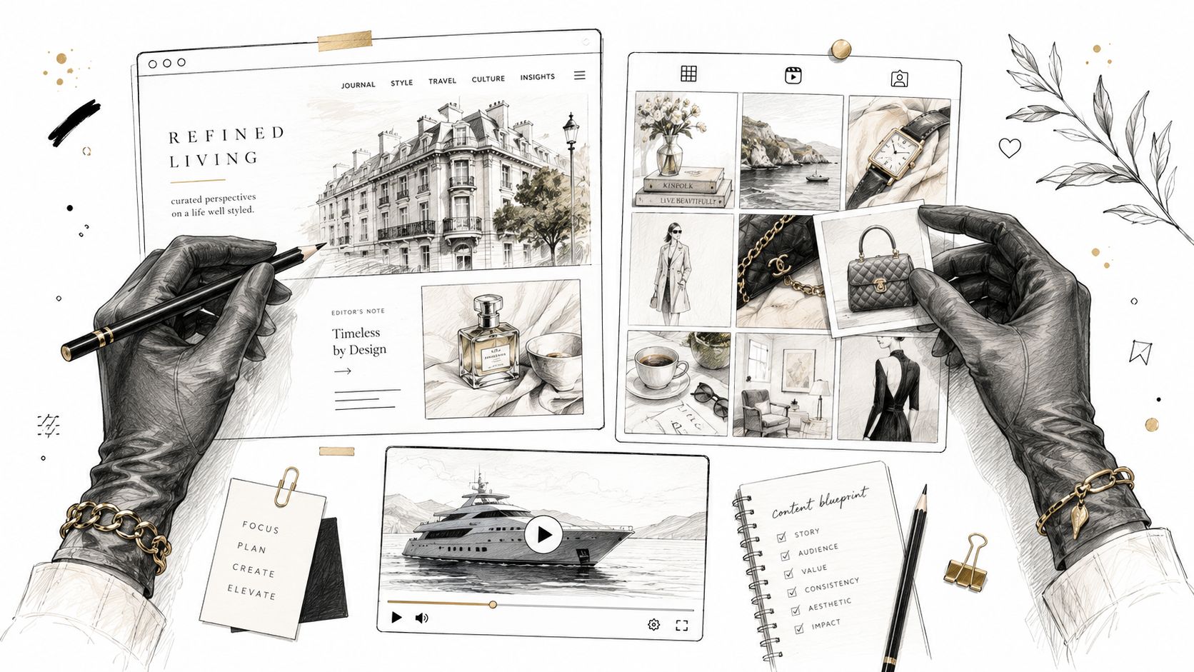 A sophisticated, high-end content planning workspace featuring hands in gloves sketching luxury lifestyle designs.