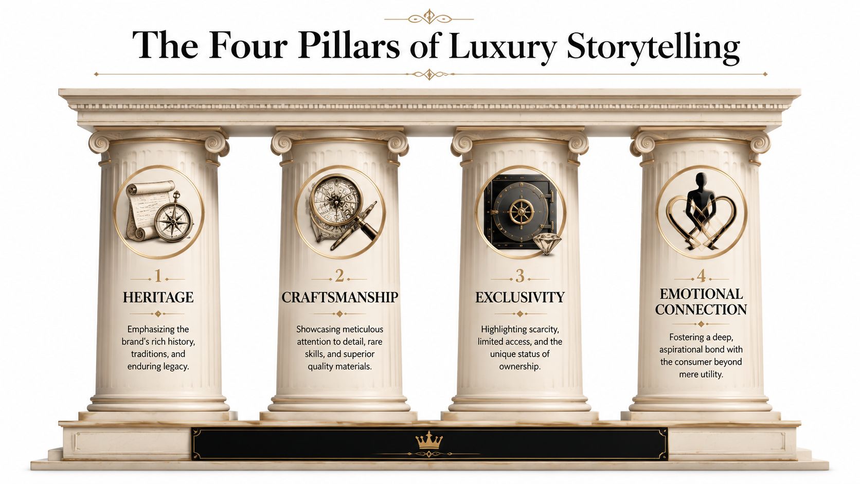 A graphic depicting four classical stone pillars representing the four pillars of luxury storytelling: heritage, craftsmanship, exclusivity, and emotional connection.