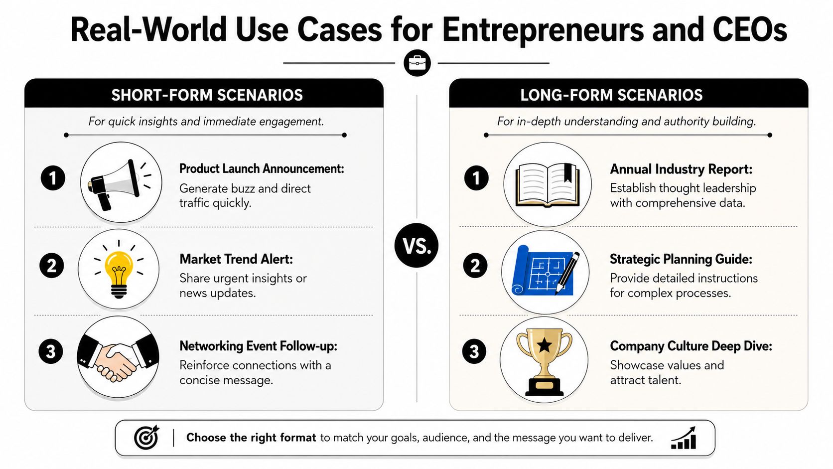 A comparison chart outlining real-world use cases for short-form versus long-form content for entrepreneurs and CEOs.
