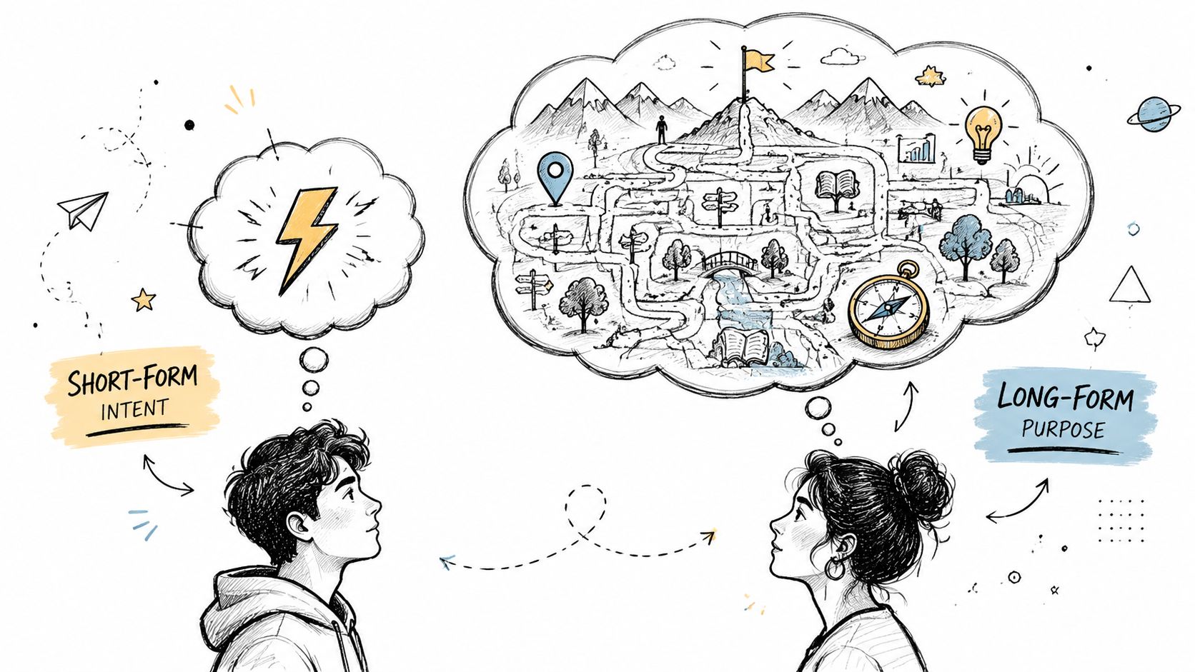 A conceptual illustration contrasting a person focused on quick short-form intent with another planning long-form purpose.