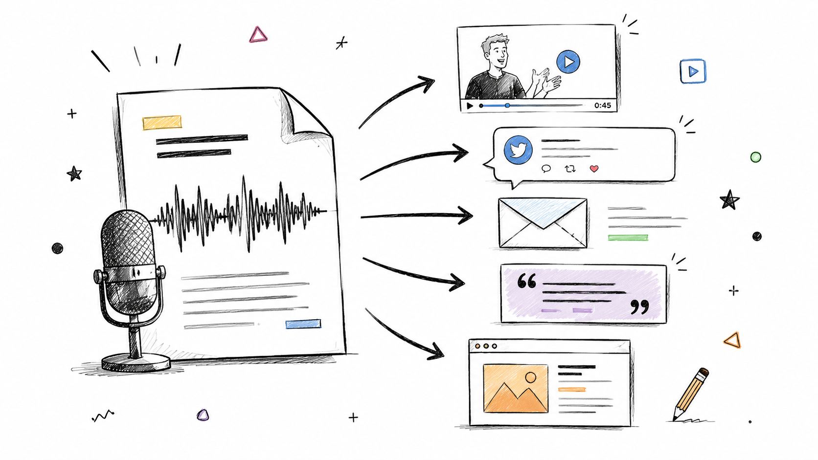 A conceptual illustration showing a podcast microphone and document being repurposed into various digital marketing content formats.