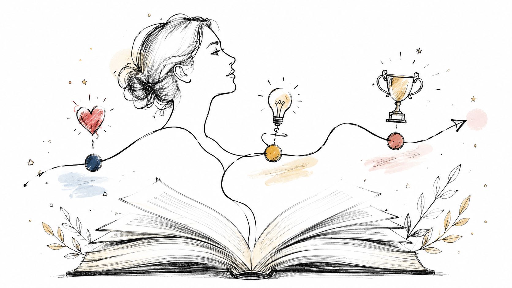 An artistic sketch showing a woman's profile emerging from an open book with symbols for passion, innovation, and success.