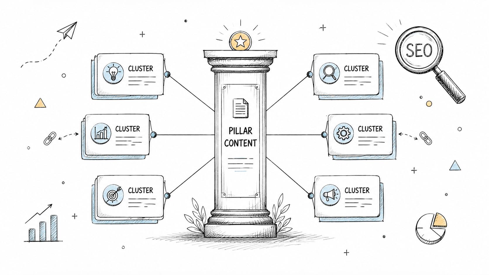 A hand-drawn illustration showing a pillar content strategy with six surrounding clusters connected to a central column.