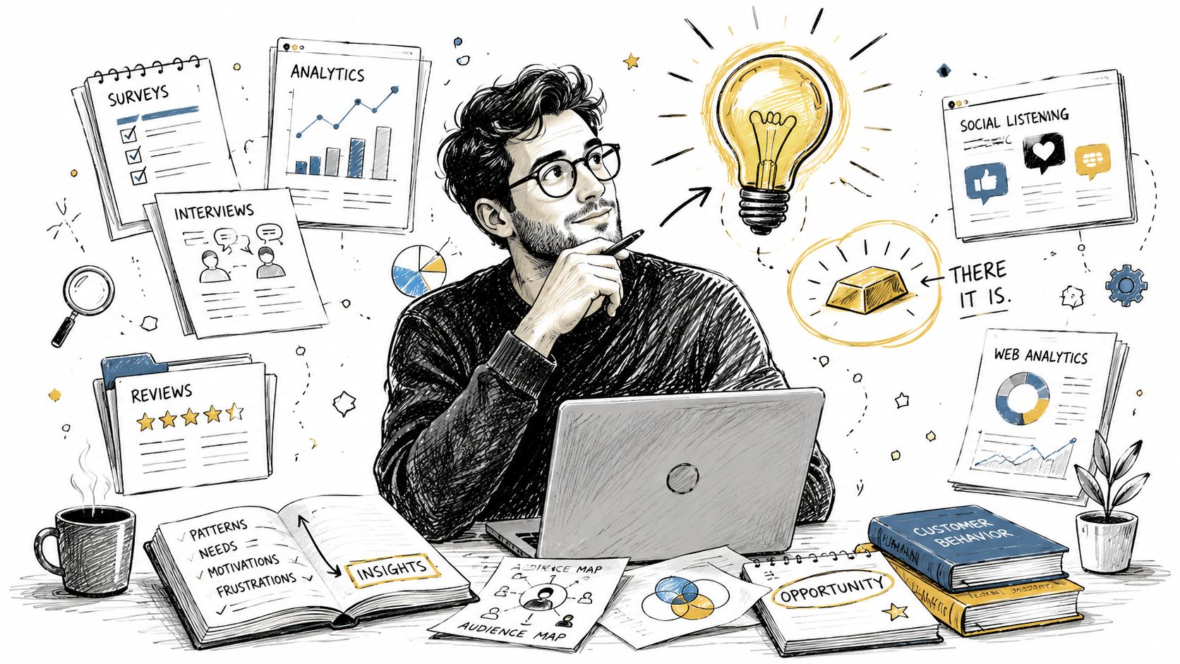 A creative professional analyzing data and insights to build buyer personas at a desk with laptop.