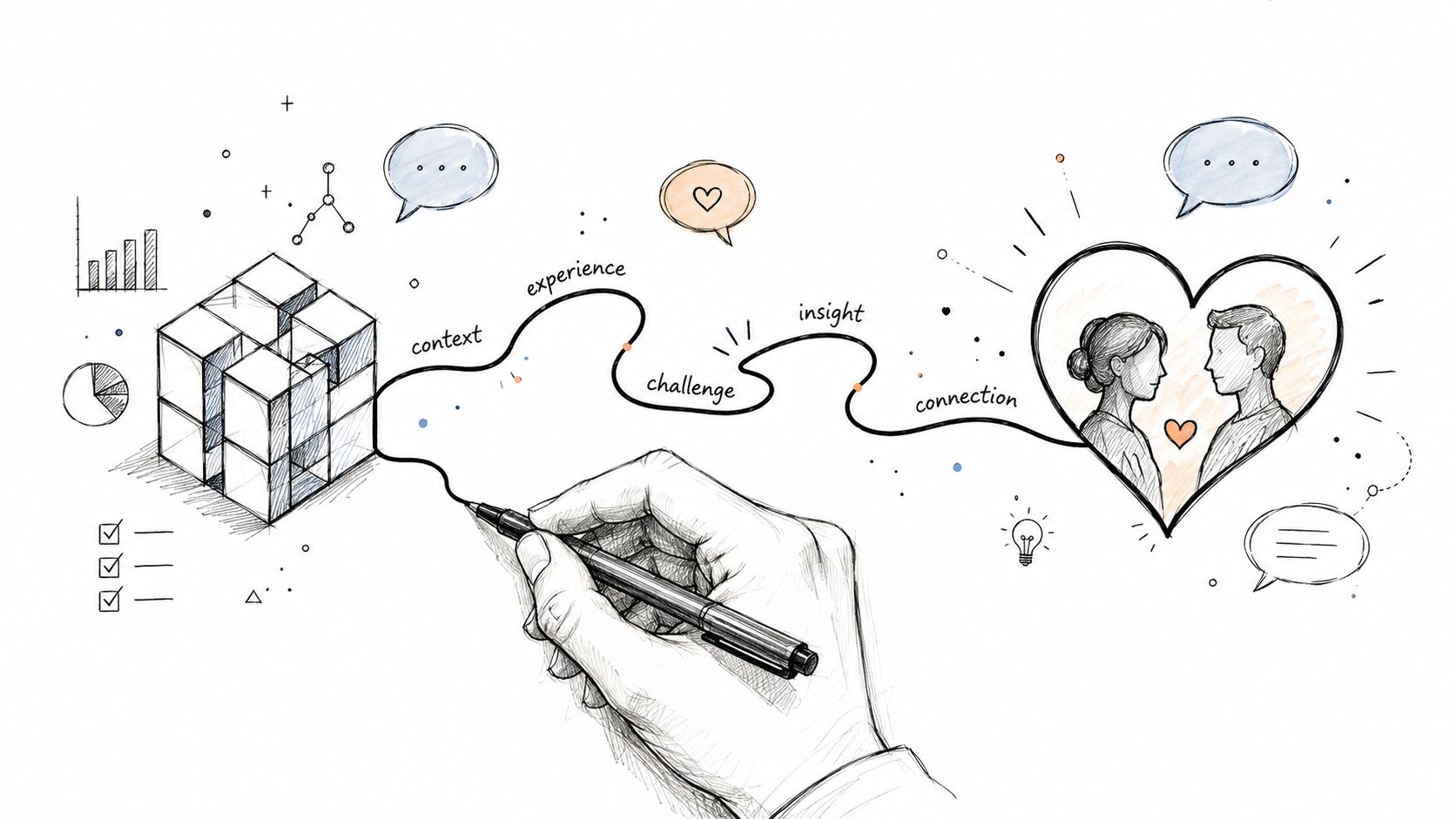 A hand drawing a path from a block structure toward a heart shape representing human connection.