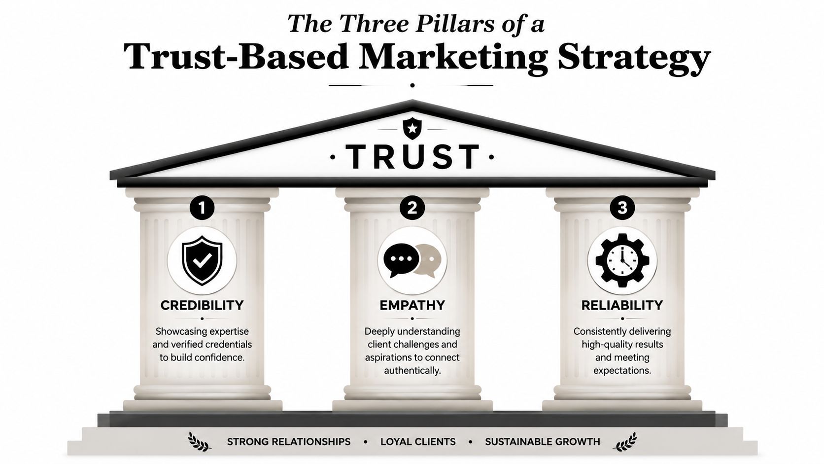 An infographic showing the three pillars of a trust-based marketing strategy: credibility, empathy, and reliability.