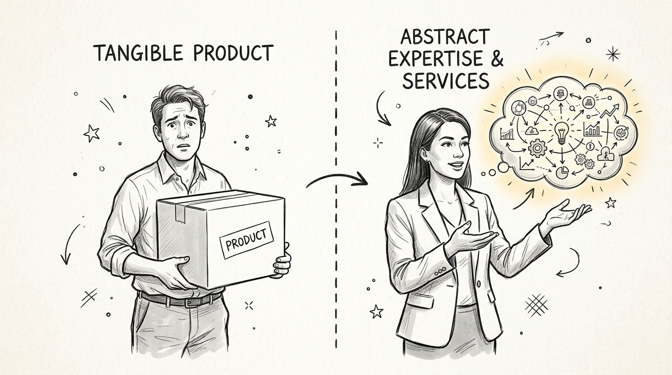 A hand-drawn illustration showing the transition from selling a tangible product to offering abstract professional services.