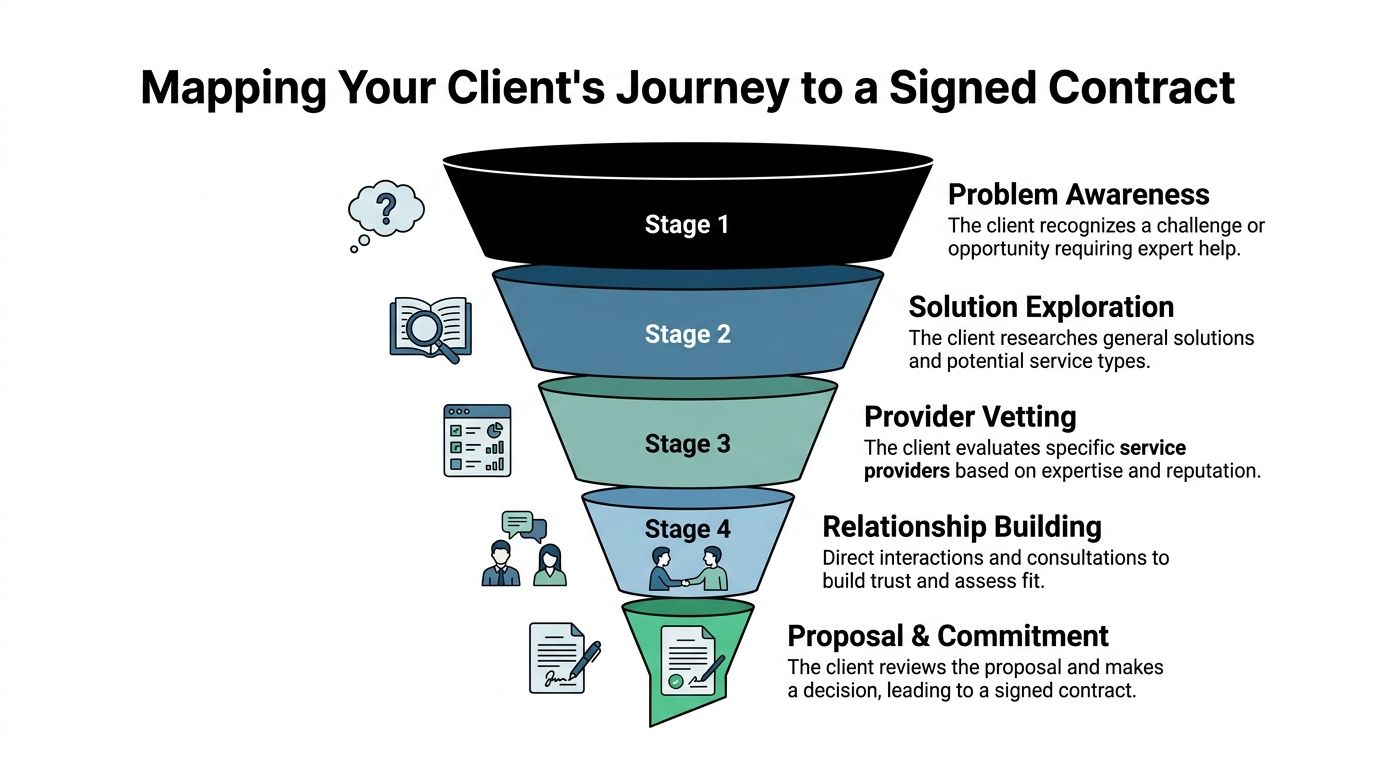 A funnel graphic illustrating the five stages of a client's journey toward signing a professional service contract.