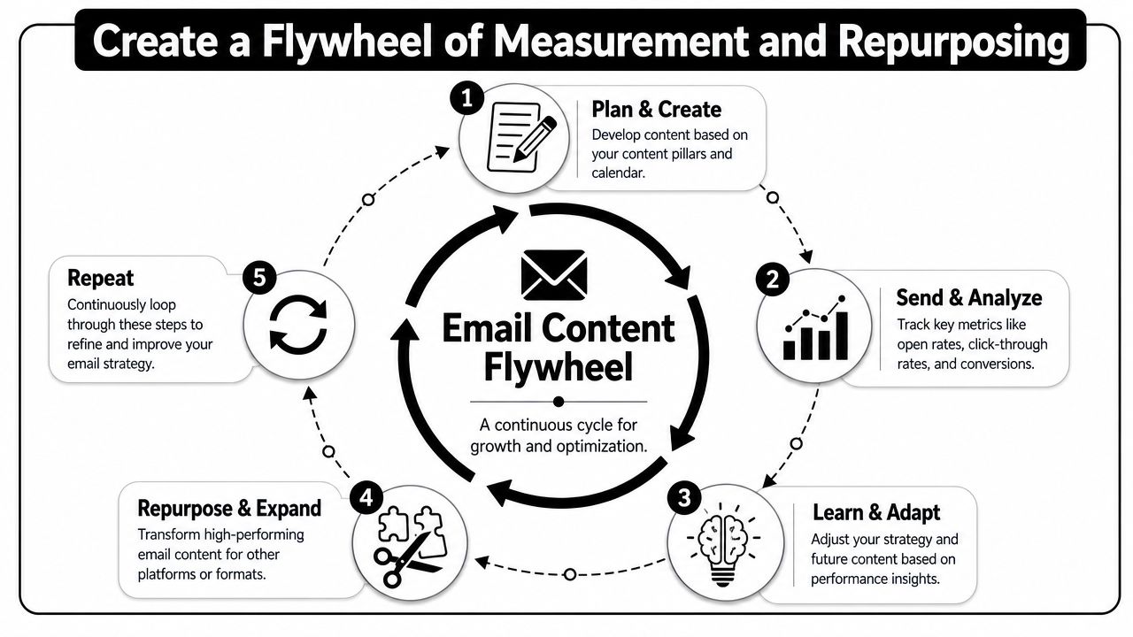 A circular diagram illustrating an Email Content Flywheel with five steps for planning, analyzing, and repurposing content.