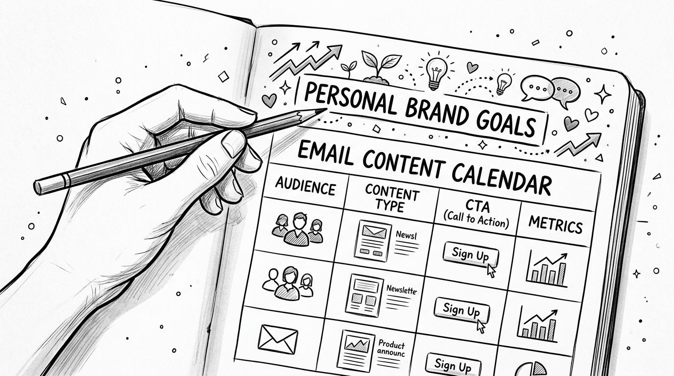 A hand-drawn sketch of a personal brand goals and email content calendar template in a notebook.
