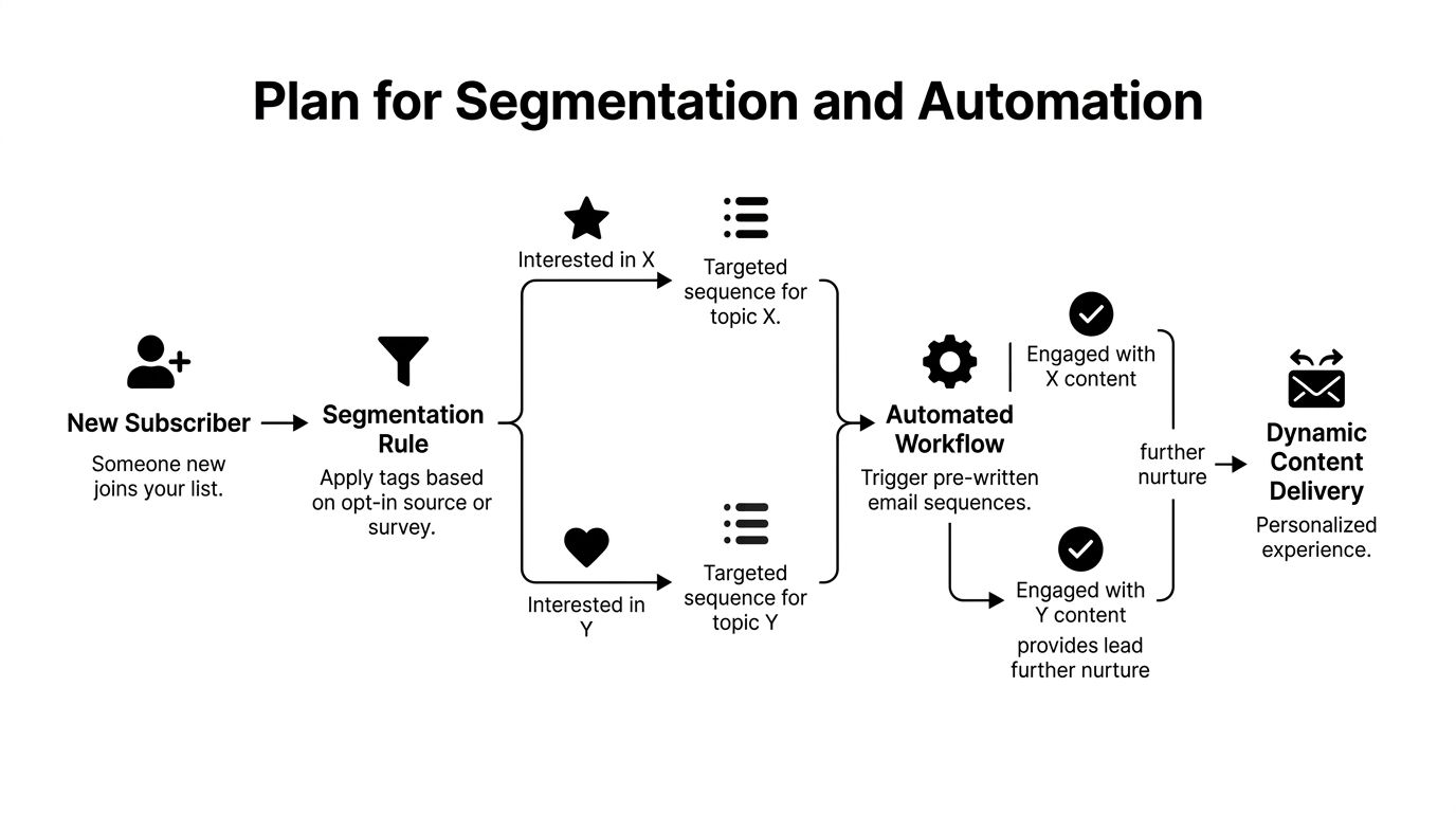 A diagram illustrating a marketing plan for segmentation and automation of new email subscriber workflows.