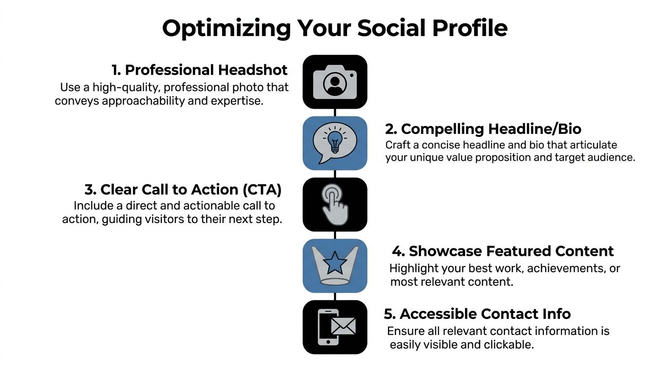 A list of five essential tips for optimizing a professional social media profile for better engagement.