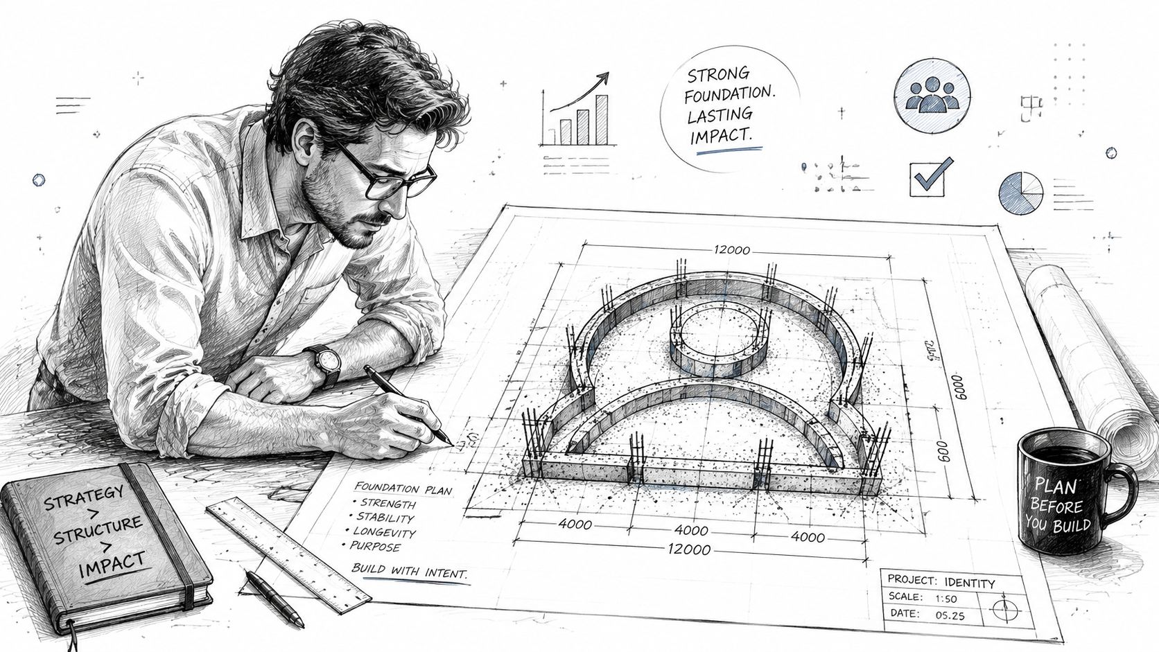 A professional man drawing a foundation plan for a building shaped like a person icon on paper.