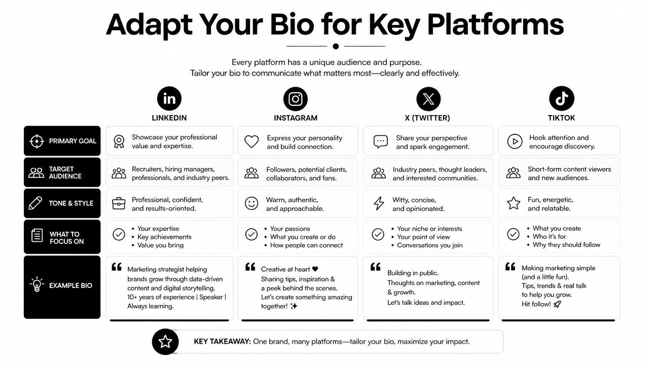 A chart showing how to tailor your social media bio for LinkedIn, Instagram, X, and TikTok platforms.