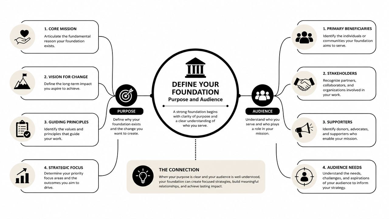 A mind map illustrating steps to define a foundation by clarifying its core purpose and target audience.