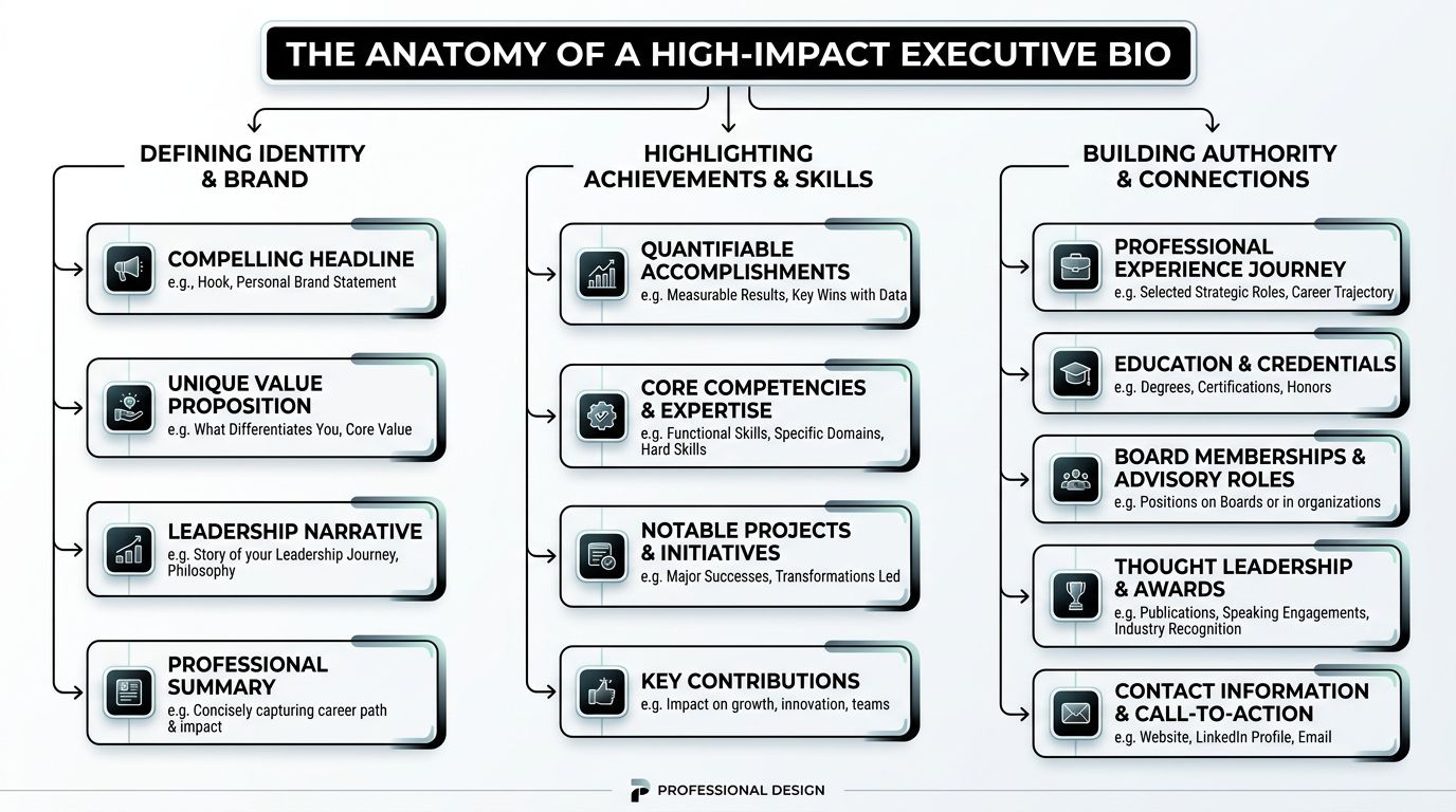 A structured flowchart titled The Anatomy of a High-Impact Executive Bio detailing essential components for career biographies.