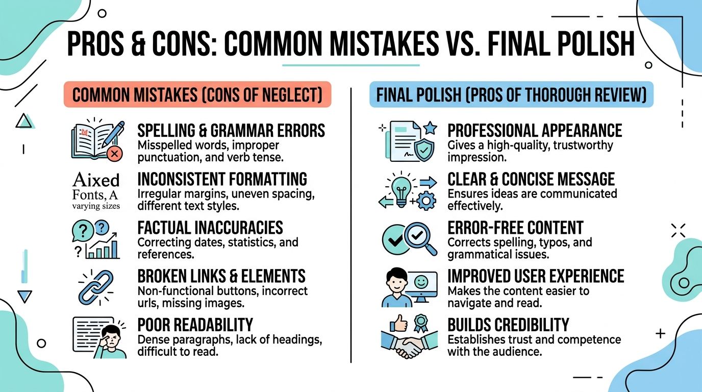A comparison chart showing common editing mistakes versus the benefits of final proofreading and polish.