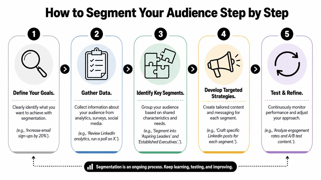 A five-step infographic showing how to segment your audience for improved marketing strategy and engagement.