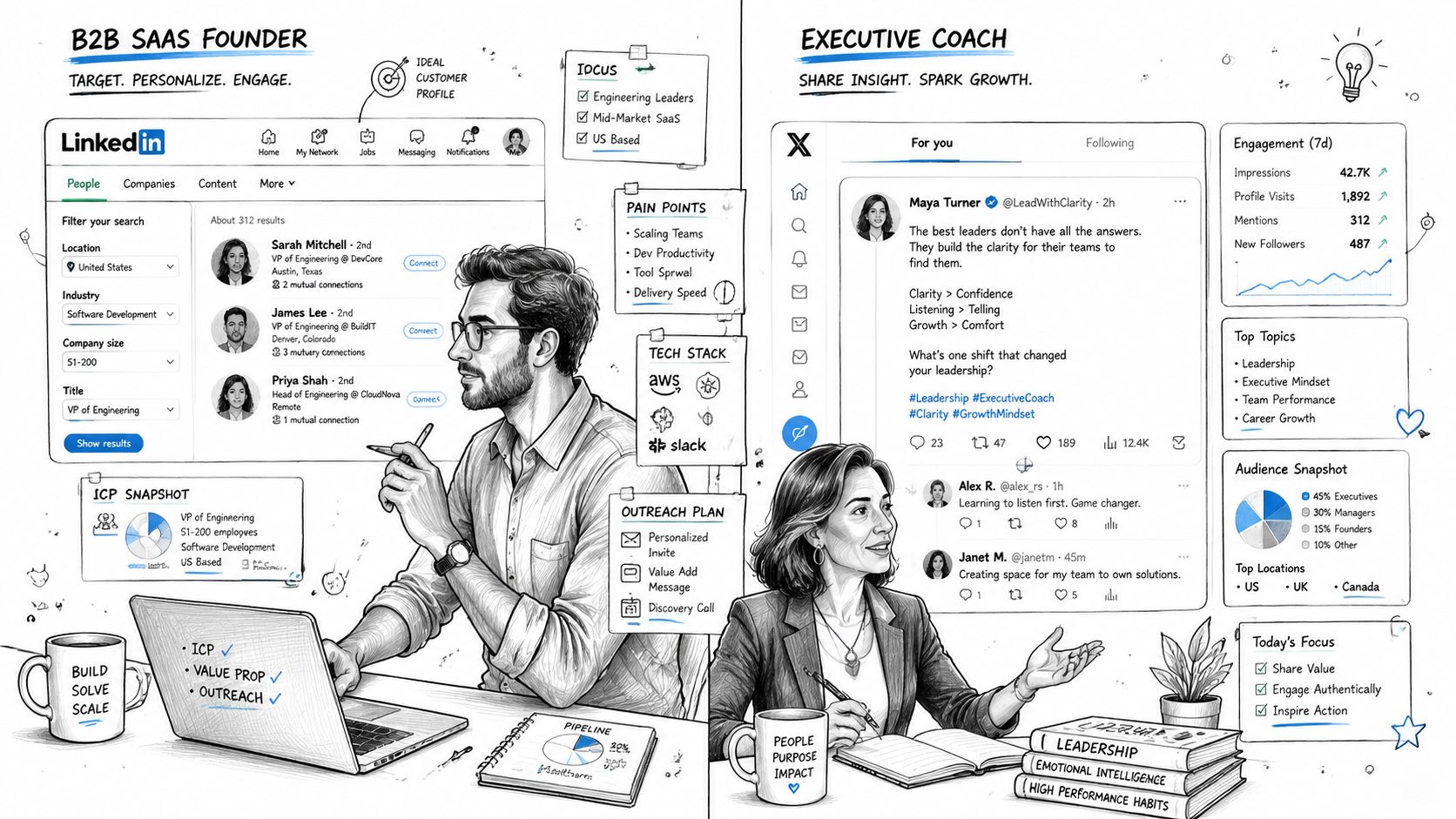 A split illustration comparing B2B SaaS outreach strategies and an executive coach's content engagement approach.