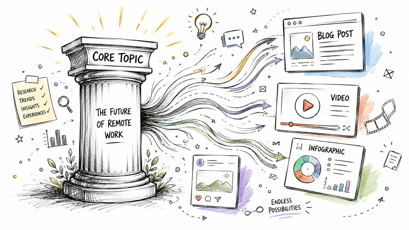An illustration showing a pillar labeled The Future of Remote Work creating various forms of content.