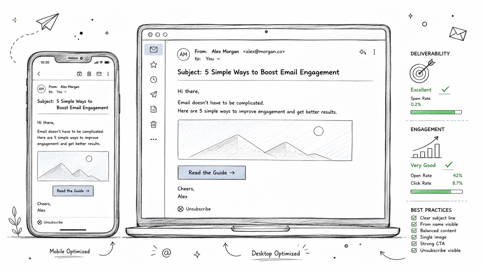 An illustration comparing email designs optimized for mobile and desktop screens alongside deliverability and engagement statistics.