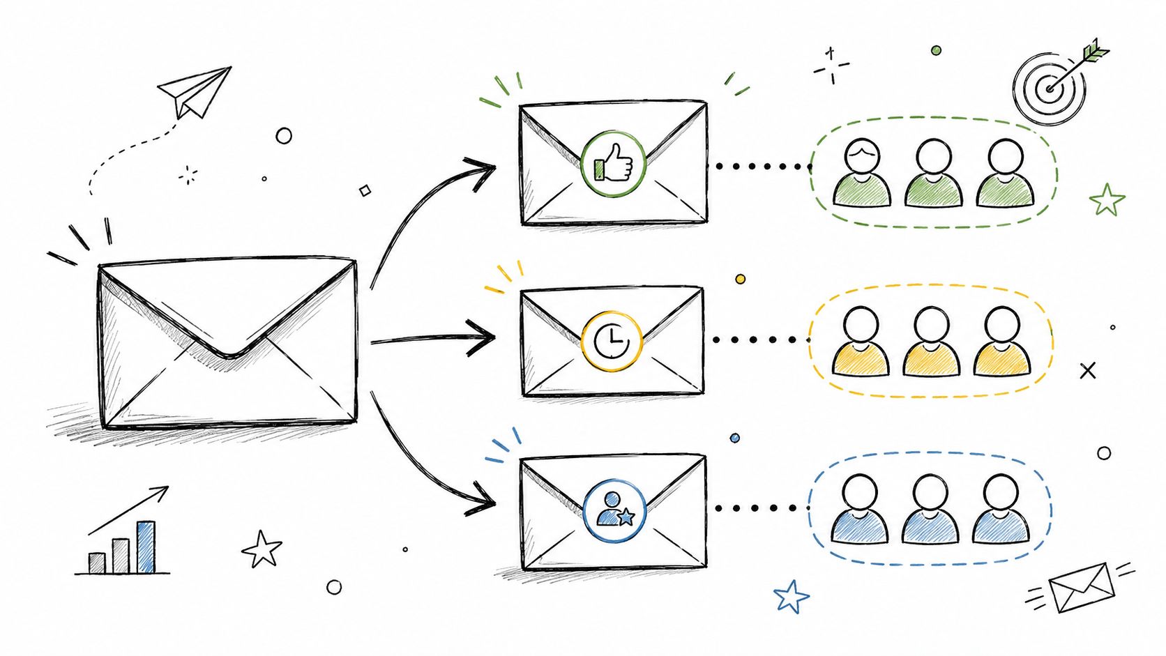 A conceptual diagram showing an email being distributed into three segmented audience groups with specific icons.