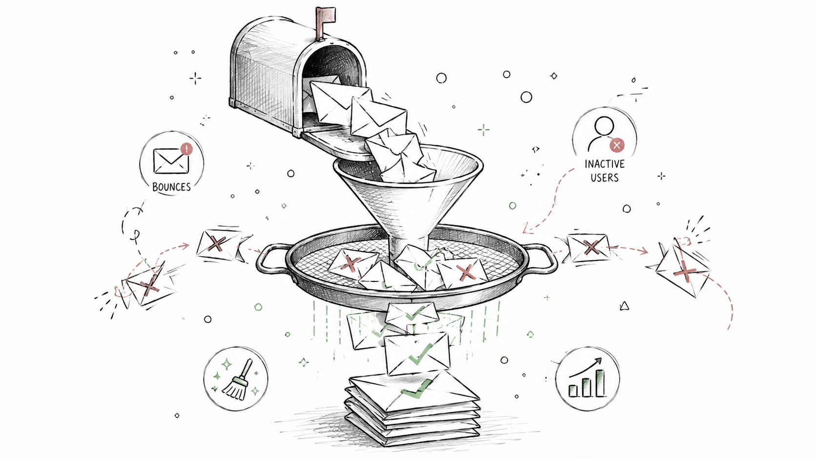 A hand-drawn illustration depicting the email cleaning process, filtering out bounces and inactive users to improve deliverability.