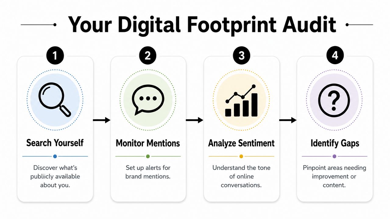 A flowchart showing four steps to perform a digital footprint audit including searching and analyzing brand sentiment.