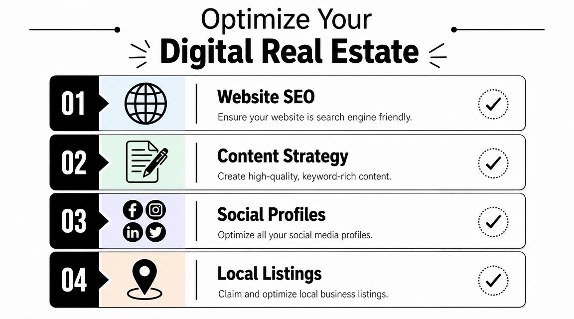 A four-step infographic illustrating digital real estate optimization including website SEO, content strategy, social profiles, and local listings.
