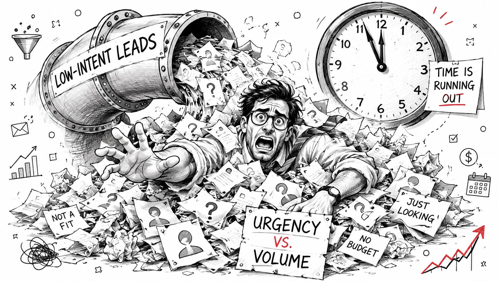 A stressed professional overwhelmed by a pile of low-intent leads and time constraints in a business setting.